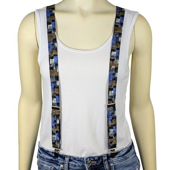 Retro Y-Back Suspenders Clip On Adjustable 90s Geometric Brown Blue Black Gray - Picture 1 of 8